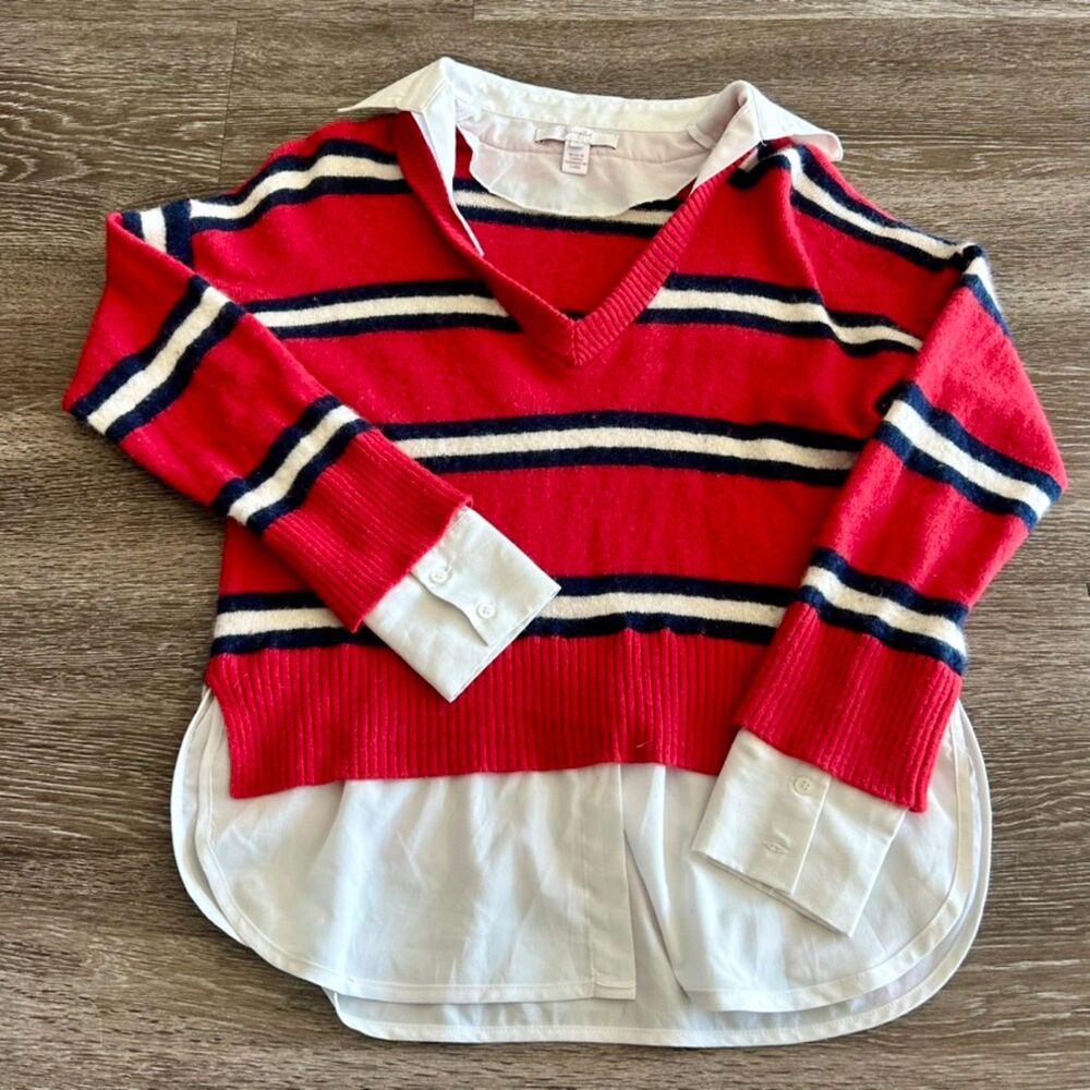 Scripted Red Wool Cashmere Striped Sweater w White Collar Asymmetrical Hem Small